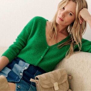 SEZANE Mohair Alpaca Blend Cardigan Sweater Bright Green Small EUC